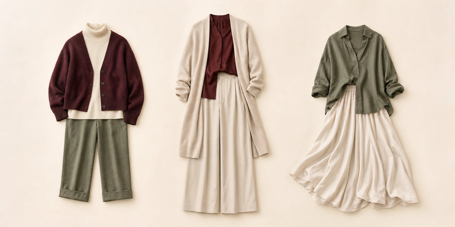 Three neutral garment pairings showing different clothing length and volume relationships without ranking.
