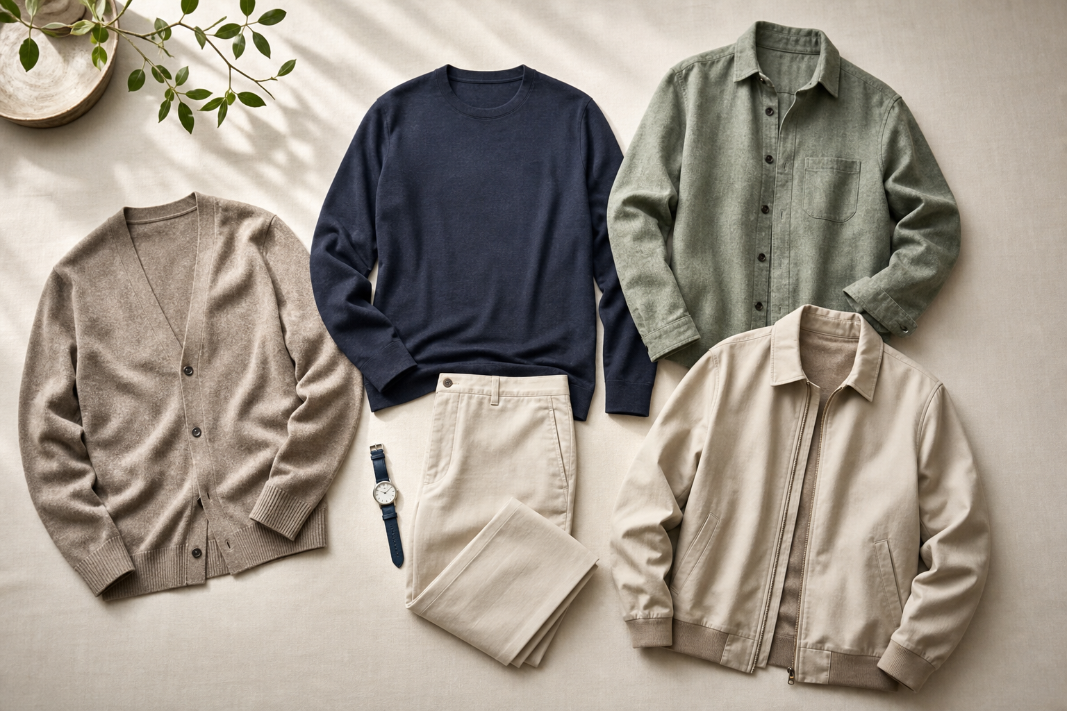 Neutral smart-casual layering example with clean lines and simple accessories.