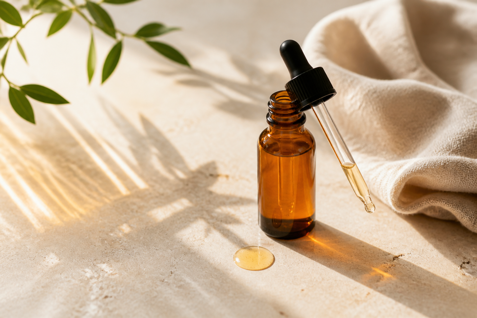 An unbranded amber serum bottle in soft golden morning light on a cream surface.
