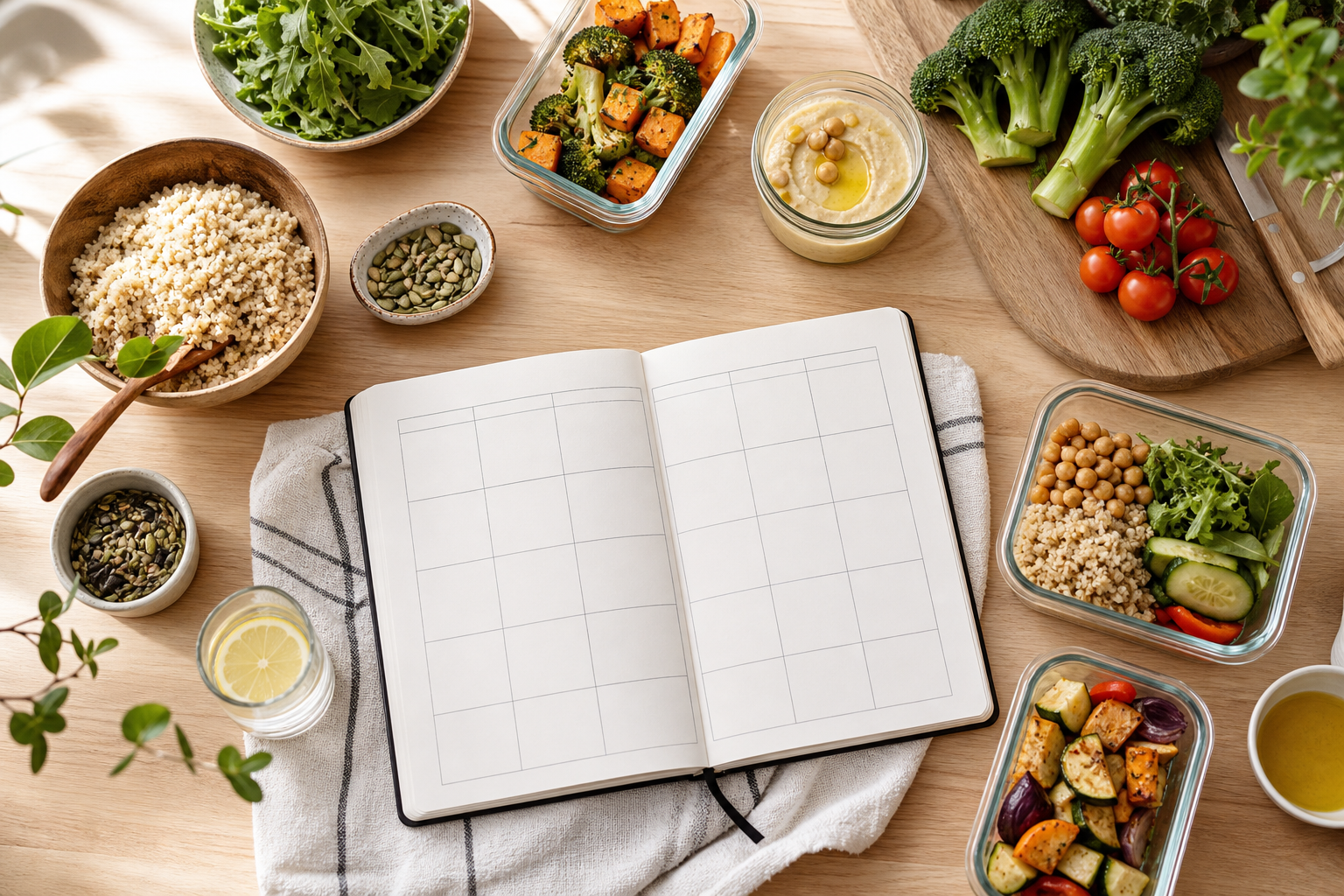 A weekly meal planning setup with a planner, shopping list, and simple ingredients on a kitchen table.