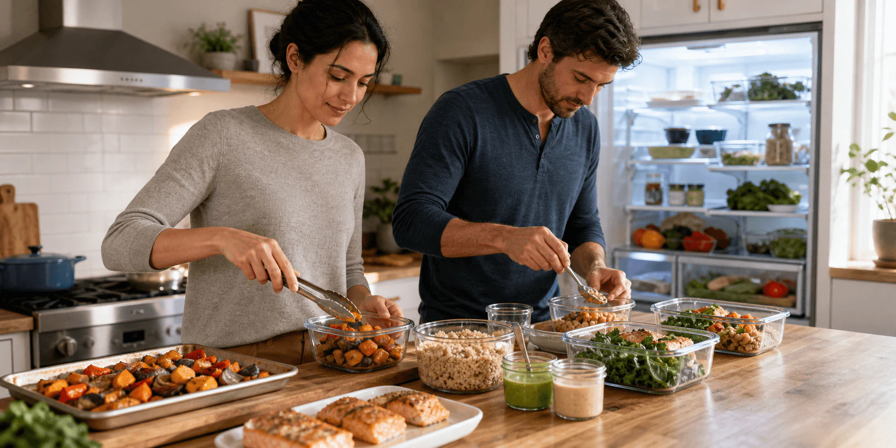 Weekly meal-planning notebook with vegetables, grains and prepared meal components on a bright kitchen table.