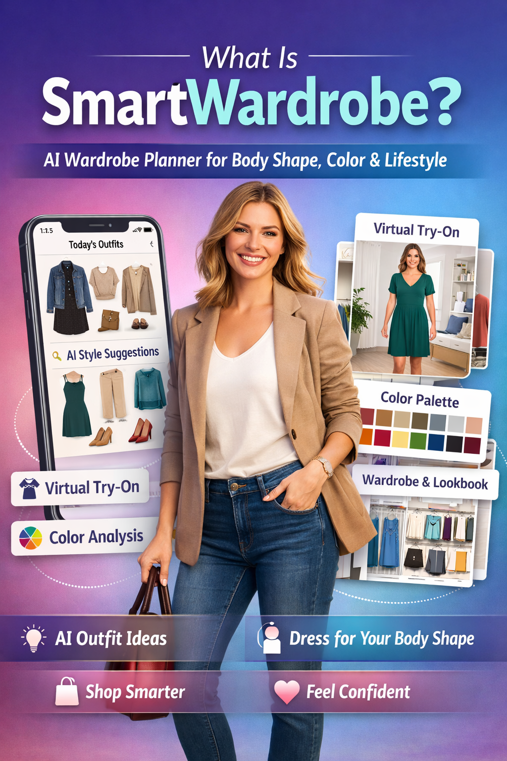Smart Wardrobe app explainer with virtual try-on and color analysis