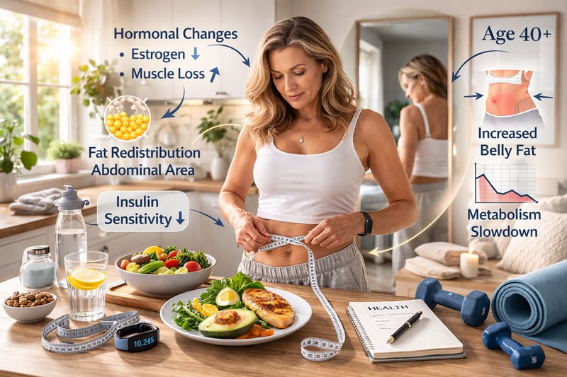 Woman over 40 measuring waist at home, representing age-related weight gain and hormonal body changes