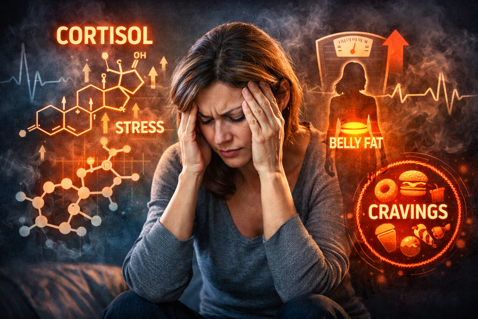 Stressed woman over 35 holding her head with a cortisol and stress concept illustrating how chronic stress affects weight and cravings