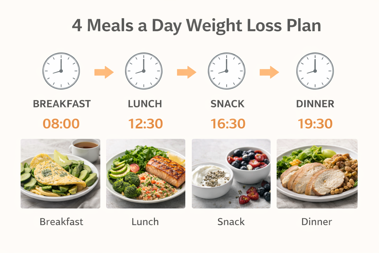 4 meals a day weight loss plan example showing breakfast, lunch, snack and dinner timing