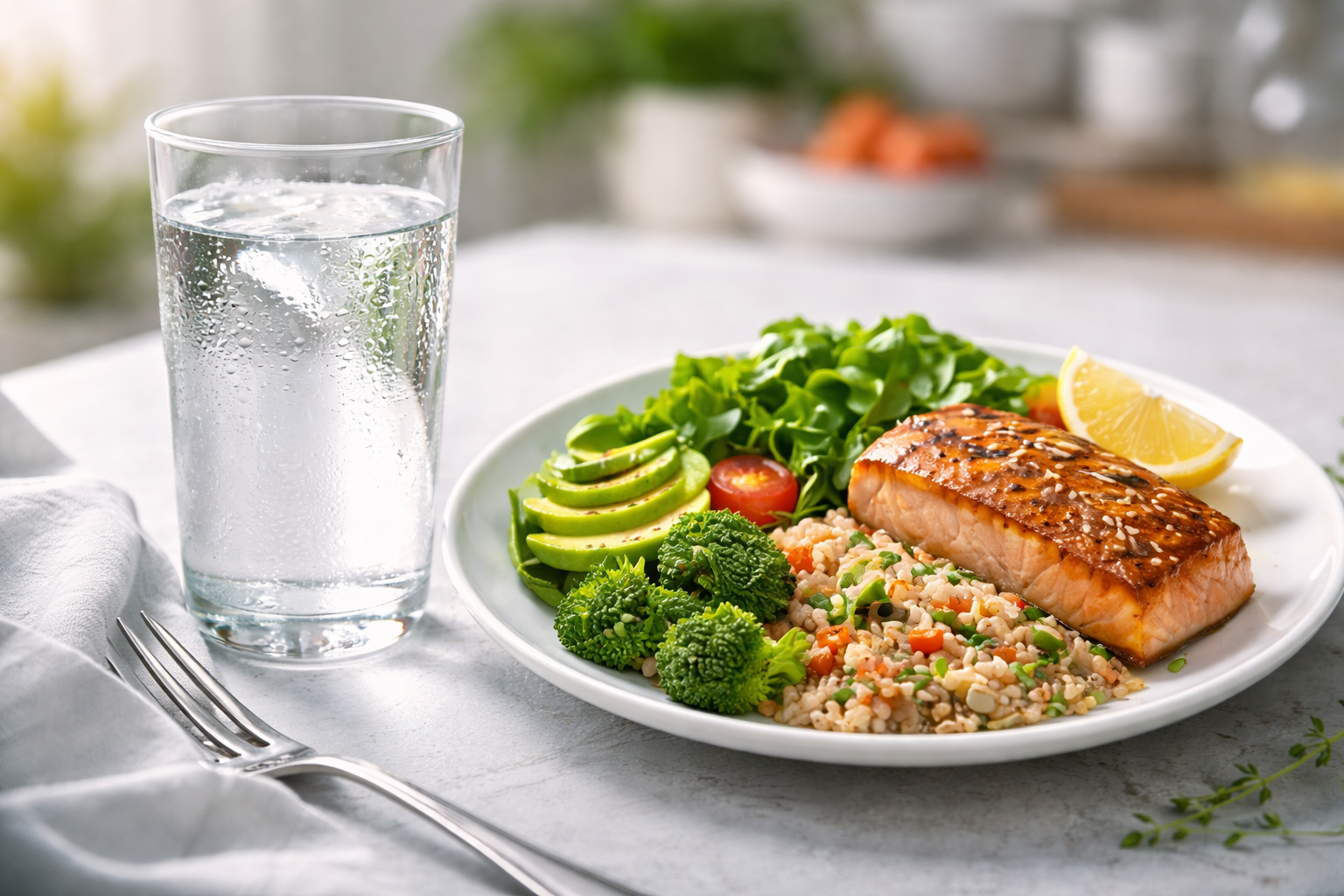 Water timing during meals concept showing a glass of water next to a healthy plate for digestion-friendly hydration.