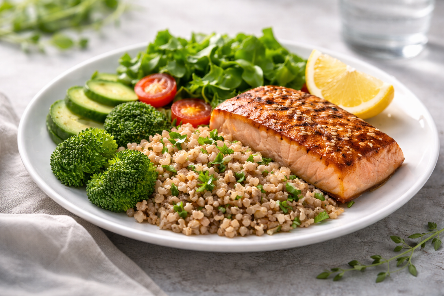 Low GI meal plan plate with salmon, leafy greens, and buckwheat for stable blood sugar and healthy weight loss.