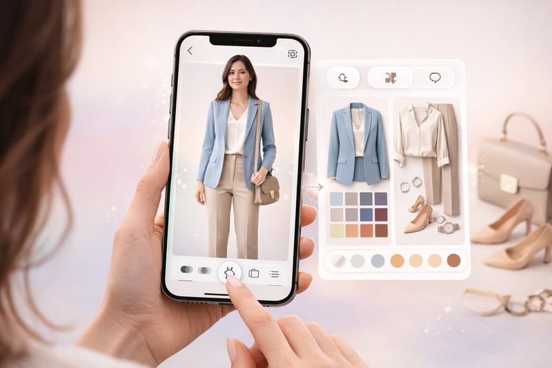 Woman using Smart Wardrobe app to preview virtual outfit with AI stylist features like color analysis and outfit builder, displayed on her smartphone, with soft gradient background and fashion elements