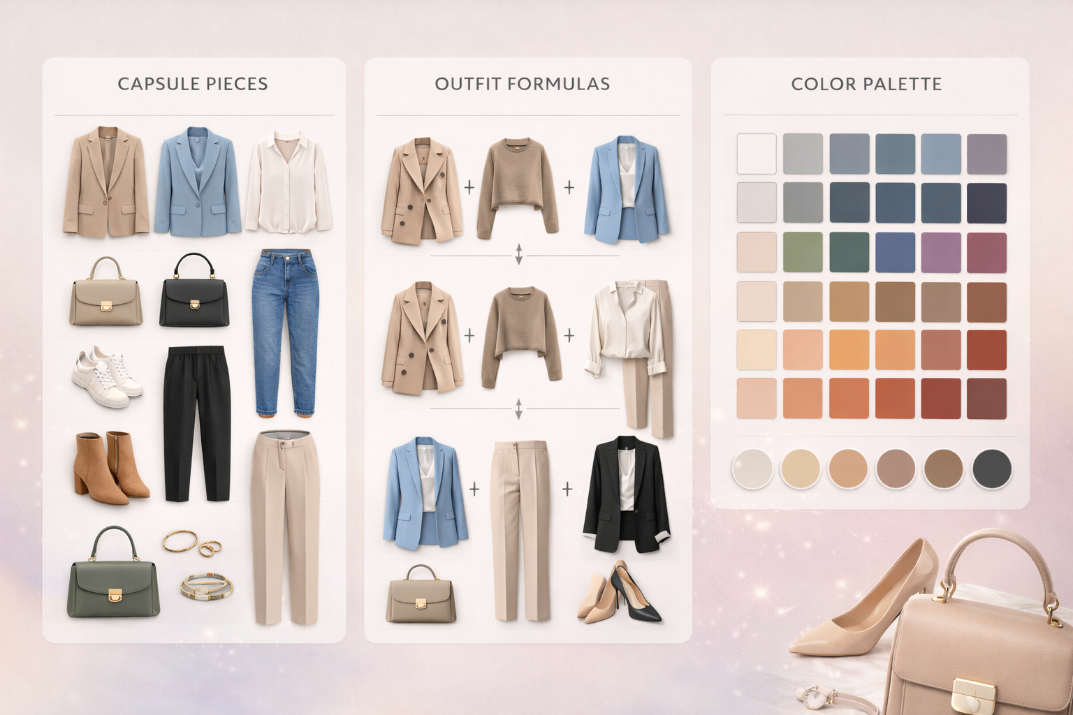 Organized wardrobe planning layout showing capsule pieces, outfit formulas, and structured color palette for elegant daily styling.