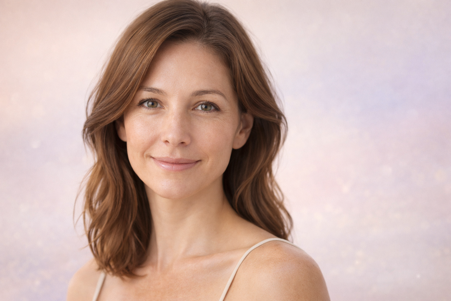 Natural fresh-faced woman over 35 with hydrated skin and soft structured hairstyle showing youthful appearance without makeup.