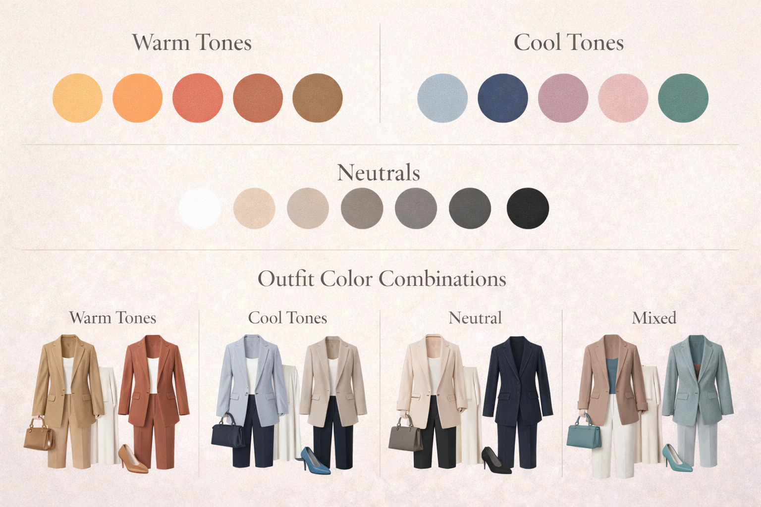 Color theory chart showing warm vs cool tones, neutrals, and outfit color combinations for elegant styling.