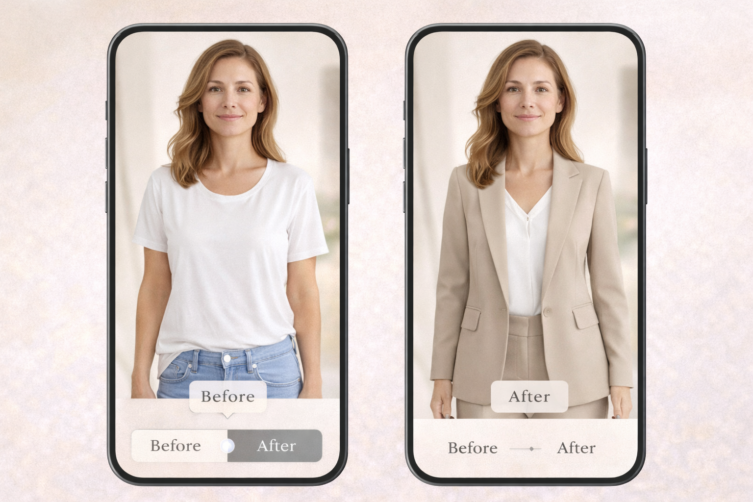 Virtual try on app preview showing a person photo and clothing overlay result with before and after outfit visualization to reduce online fashion returns