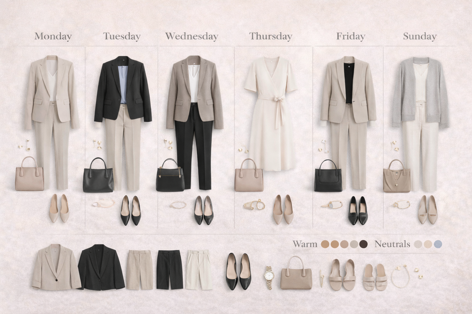 Organized capsule wardrobe with outfits planned for the week, featuring blazers, trousers, dresses, and neutral accessories.