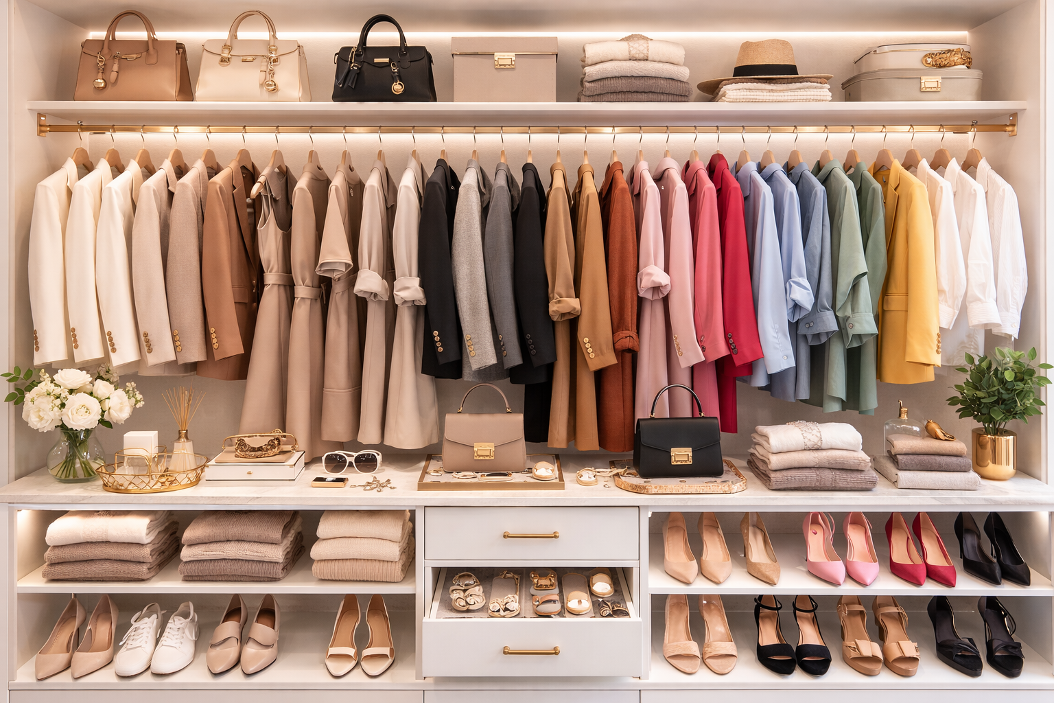Organized wardrobe with neutral blazers, dresses and trousers arranged by color on uniform hangers in a clean elegant closet.