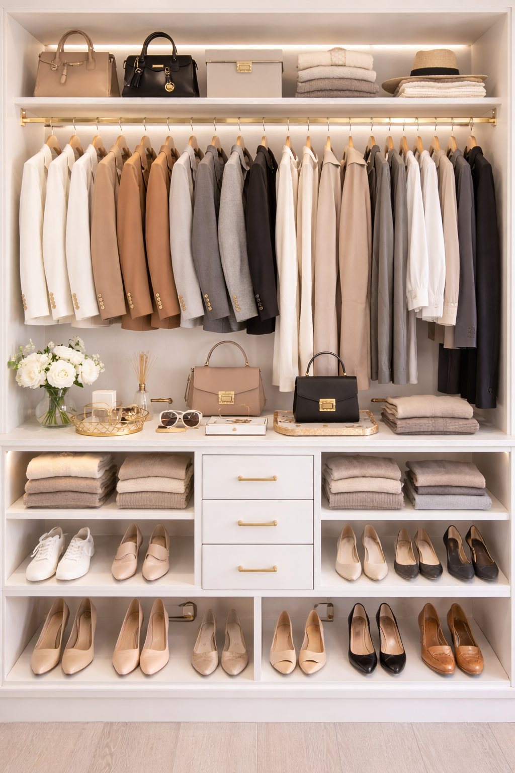 Organized capsule wardrobe with neutral blazers, trousers, dresses and shoes arranged neatly for elegant daily outfits.
