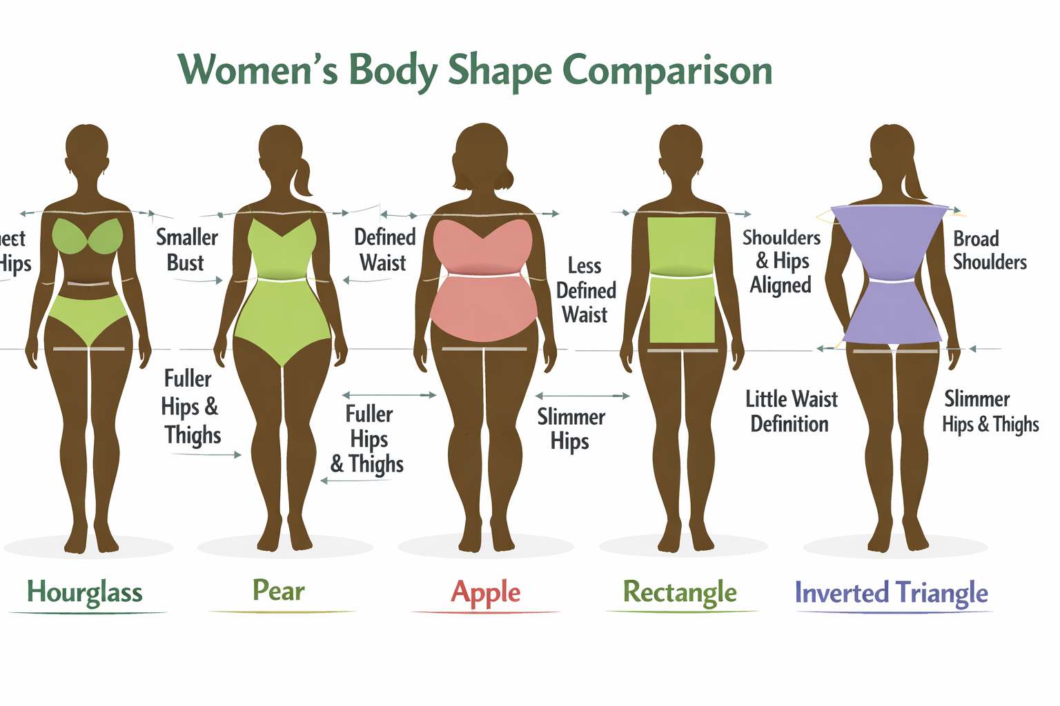 Body shape comparison chart for women showing hourglass, pear, apple, rectangle and inverted triangle silhouettes with proportional measurements.