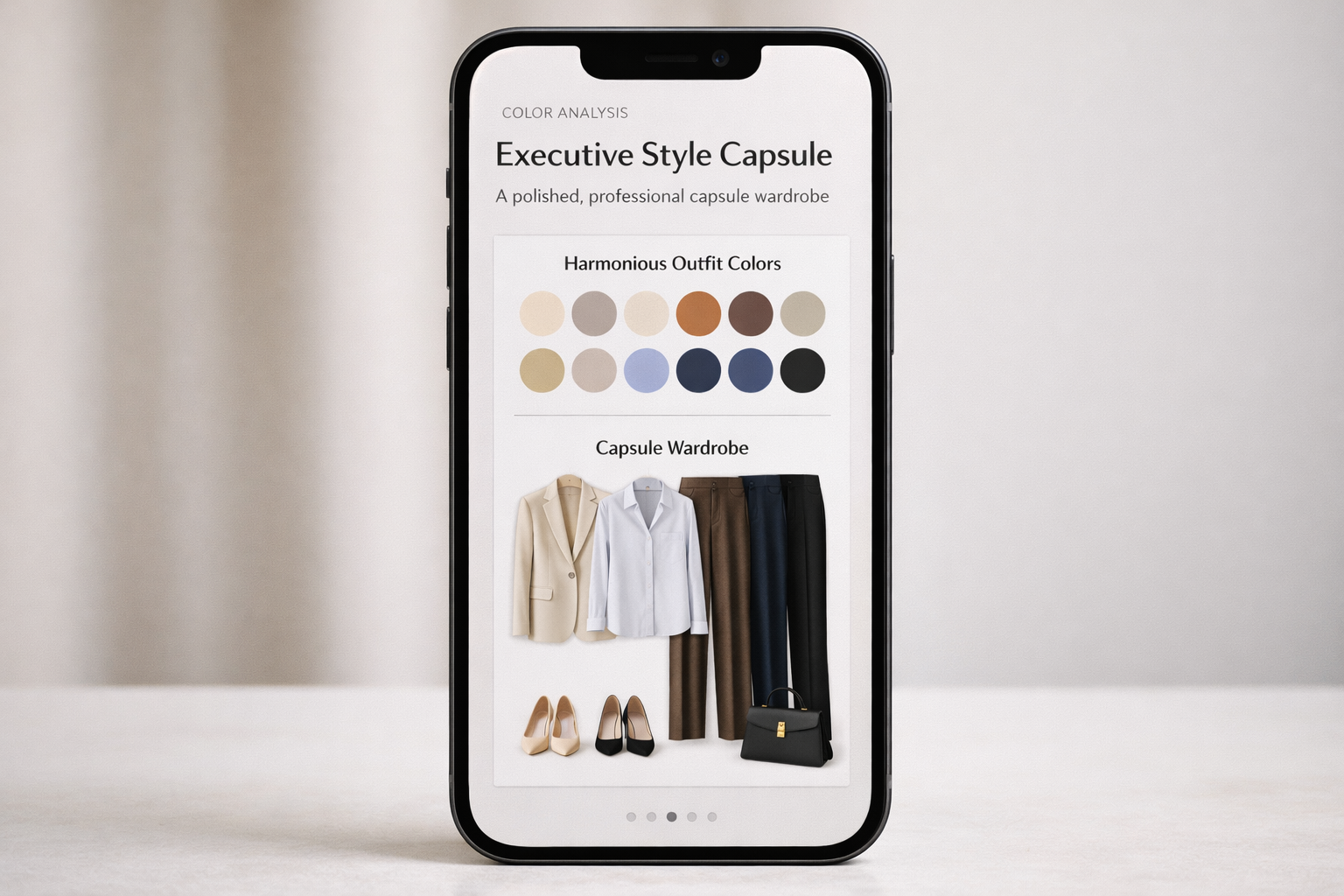 Color analysis palette and professional wardrobe capsule on a phone screen showing harmonious outfit colors for executive style and polished looks