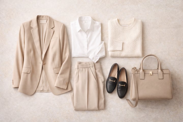 Elegant neutral capsule wardrobe laid out neatly with blazer, white shirt, tailored trousers, knit sweater, loafers, and structured handbag to illustrate how to look elegant everyday.