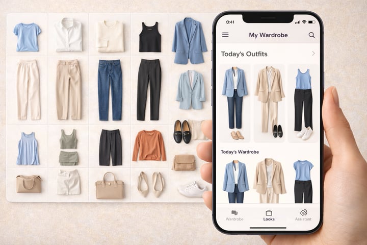Smart closet app interface showing a digital wardrobe grid with neatly organized clothing items and AI outfit planning on a smartphone