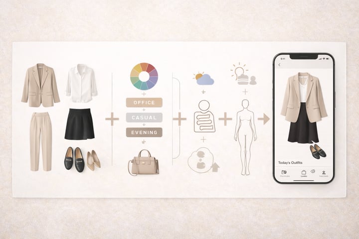 Diagram showing outfit algorithm logic: wardrobe items plus matching rules plus context equals AI daily outfit suggestions