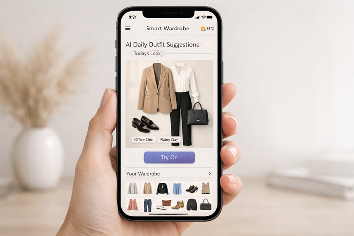 smart wardrobe: style& try-on outfit planner app preview on a smartphone showing AI daily outfit suggestions