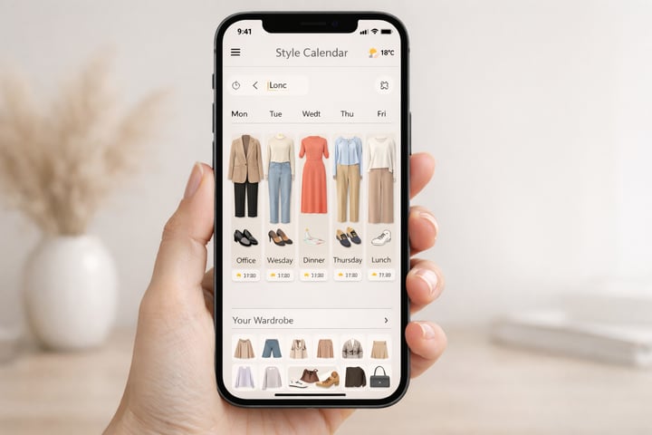 style calendar view inside an outfit planner app showing scheduled outfits for Monday to Friday