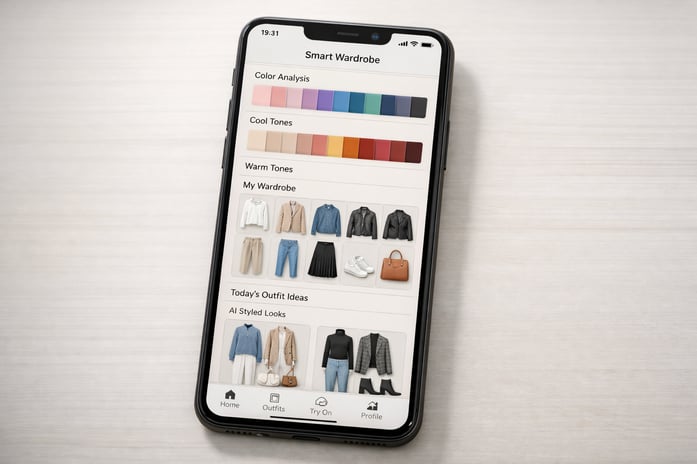 Smart Wardrobe app screenshot showing color analysis and outfit planning