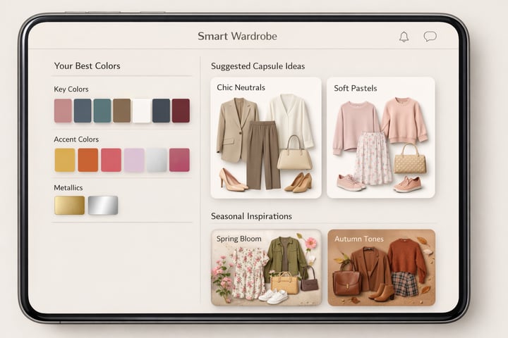 Smart Wardrobe color palette screen with suggested shades and capsule ideas
