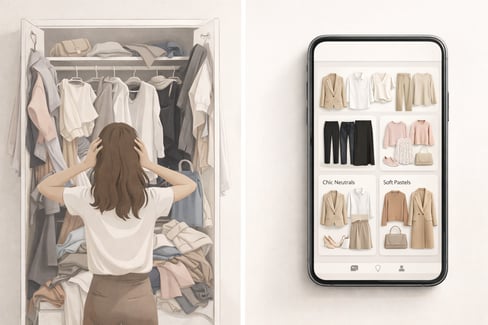 conceptual illustration showing a woman standing in front of an open wardrobe full of clothes looking confused and overwhelmed. On the other side of the image, a smartphone displays a clean digital closet app interface with neatly organized clothing thumbnails and ready-made outfit suggestions. Visual contrast between chaotic physical closet and calm structured digital closet. Soft neutral tones, modern minimalist aesthetic, no text, no brand logos, no visible faces, professional lifestyle style