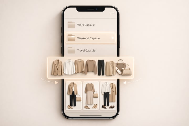 modern conceptual illustration of a digital capsule wardrobe system inside a smartphone app. The screen shows a clean digital closet interface with clothing items organized into labeled folders such as "Work Capsule", "Weekend Capsule", and "Travel Capsule". One folder is open, displaying coordinated neutral outfits. A visual cue suggests that outfit generation is limited to items inside the selected folder. Minimalist UI design, soft beige and taupe color palette, no text outside the app interface, no faces, no logos, elegant professional style, high resolution