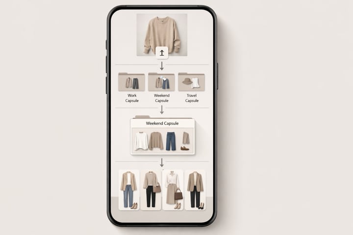 modern conceptual illustration of a smart wardrobe workflow inside a minimalist closet inventory app. A clean smartphone interface shows a simple step-by-step workflow: upload clothing item, categorize into capsule folders, select capsule, generate outfit. The interface visually highlights how simplicity leads to consistency, with subtle arrows guiding the flow. Neutral beige, taupe, and soft gray color palette, elegant professional aesthetic, no faces, no logos, no text outside the app UI, high resolution, clean minimal design.