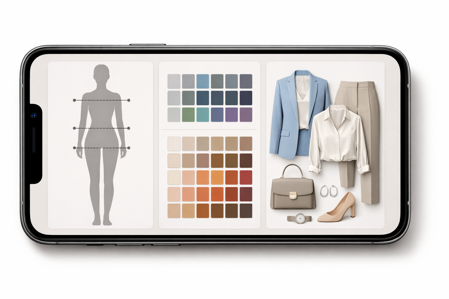 AI stylist app analyzing body shape and color palette to create personalized outfit recommendations