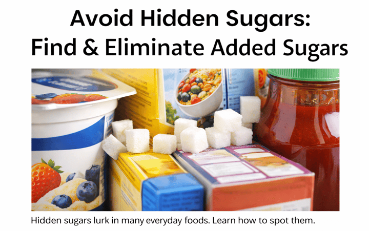 Avoid hidden sugars: sugar cubes hidden among packaged foods, illustrating how to find hidden sugars and avoid added sugars