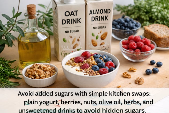 Avoid added sugars with simple kitchen swaps: plain yogurt, berries, nuts, olive oil, herbs, and unsweetened drinks to avoid hidden sugars