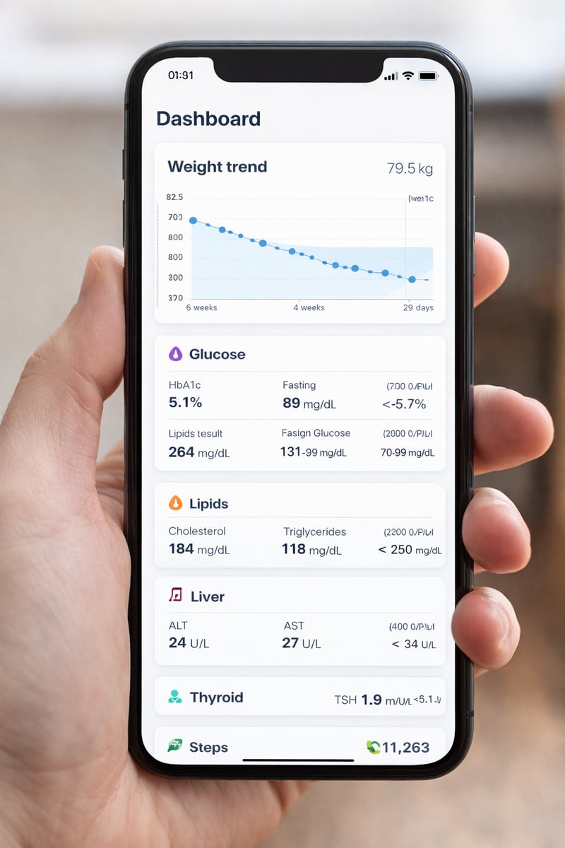 Health tracking concept showing a smartphone dashboard with weight trend line and lab results panels in one clean view