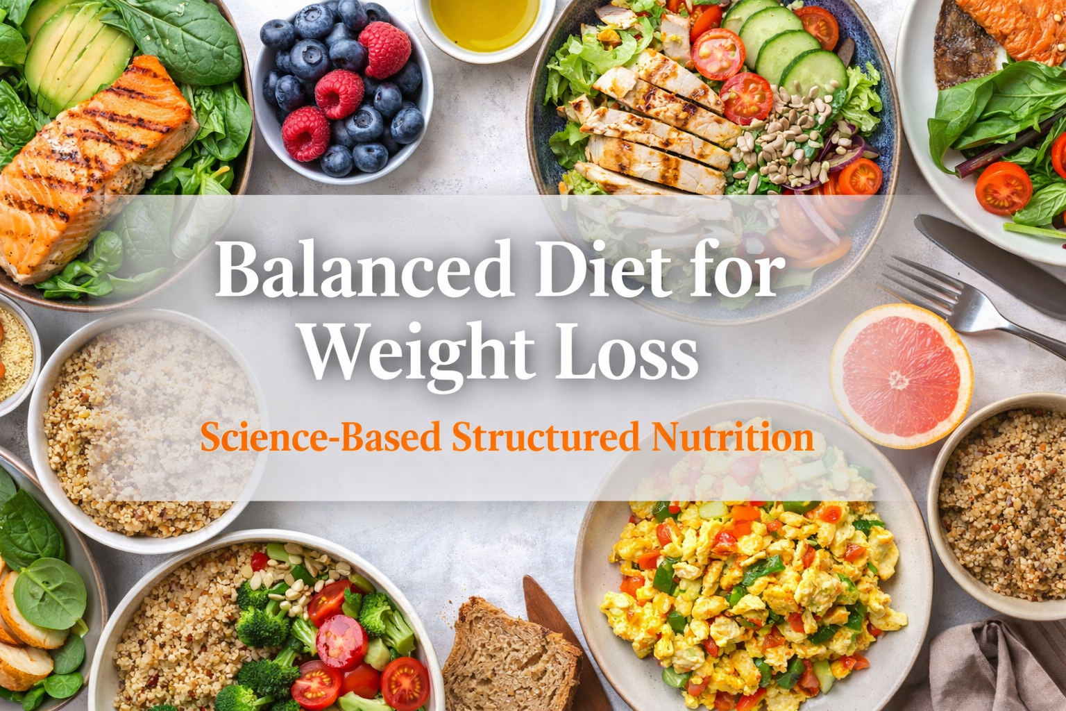 Balanced diet for weight loss with grilled salmon, quinoa, leafy greens, avocado, berries, nuts, olive oil and water arranged on a clean white table to illustrate healthy balanced eating plan and nutrition balance for weight loss.