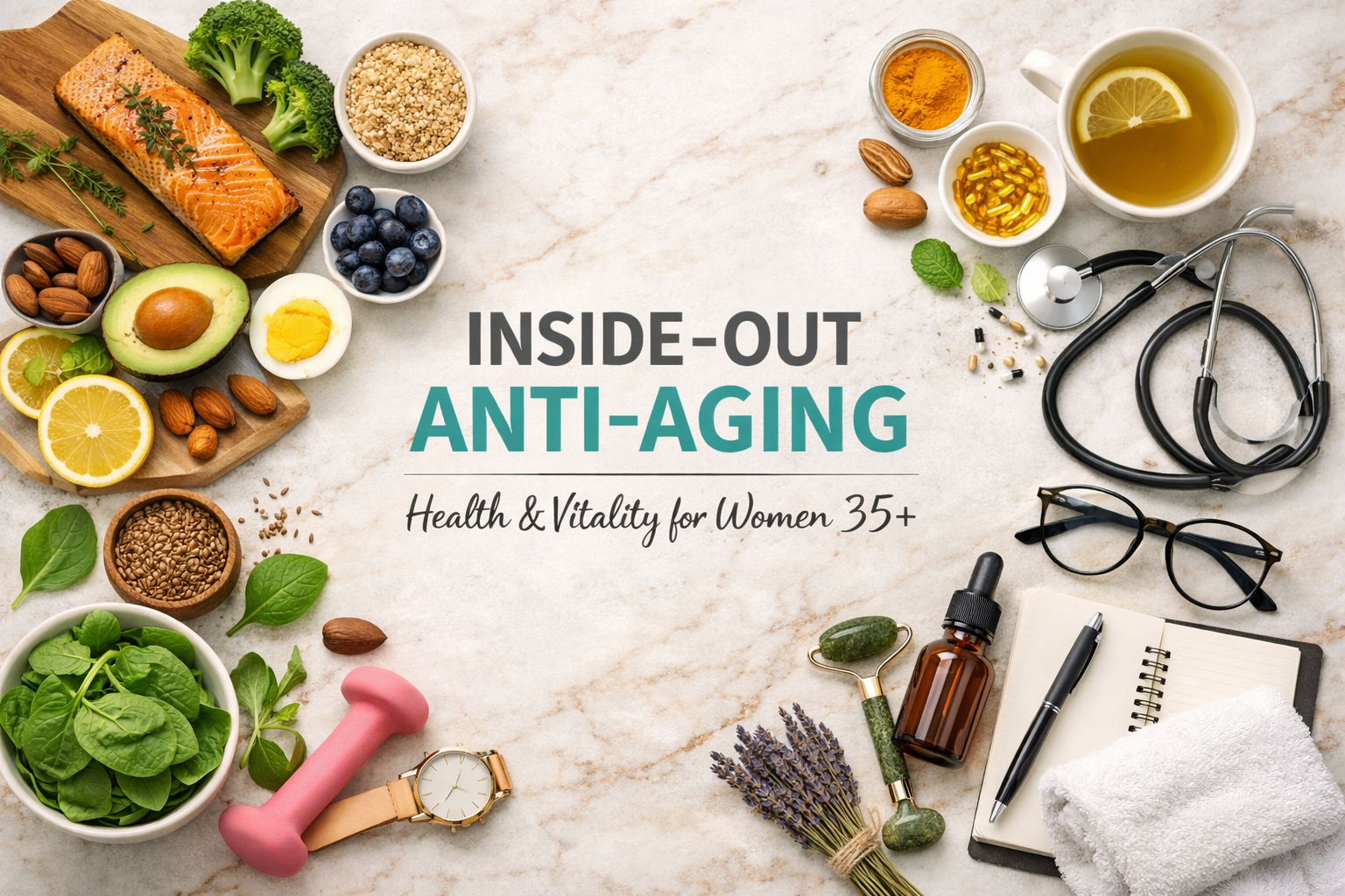 Health360: Weight & Anti-Age: Flat lay banner with the text “Inside-Out Anti-Aging: Health & Vitality for Women 35+” surrounded by salmon, avocado, broccoli, spinach, blueberries, nuts, green tea, supplements, a stethoscope, skincare tools, and a pink dumbbell, symbolizing holistic health, balanced nutrition, and anti-aging support.