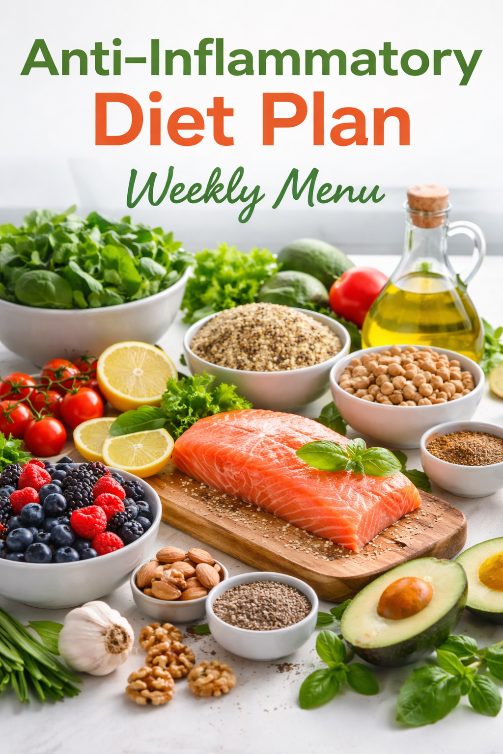 Anti-inflammatory diet plan weekly menu with salmon, berries, leafy greens, olive oil, and whole grains on a clean kitchen table