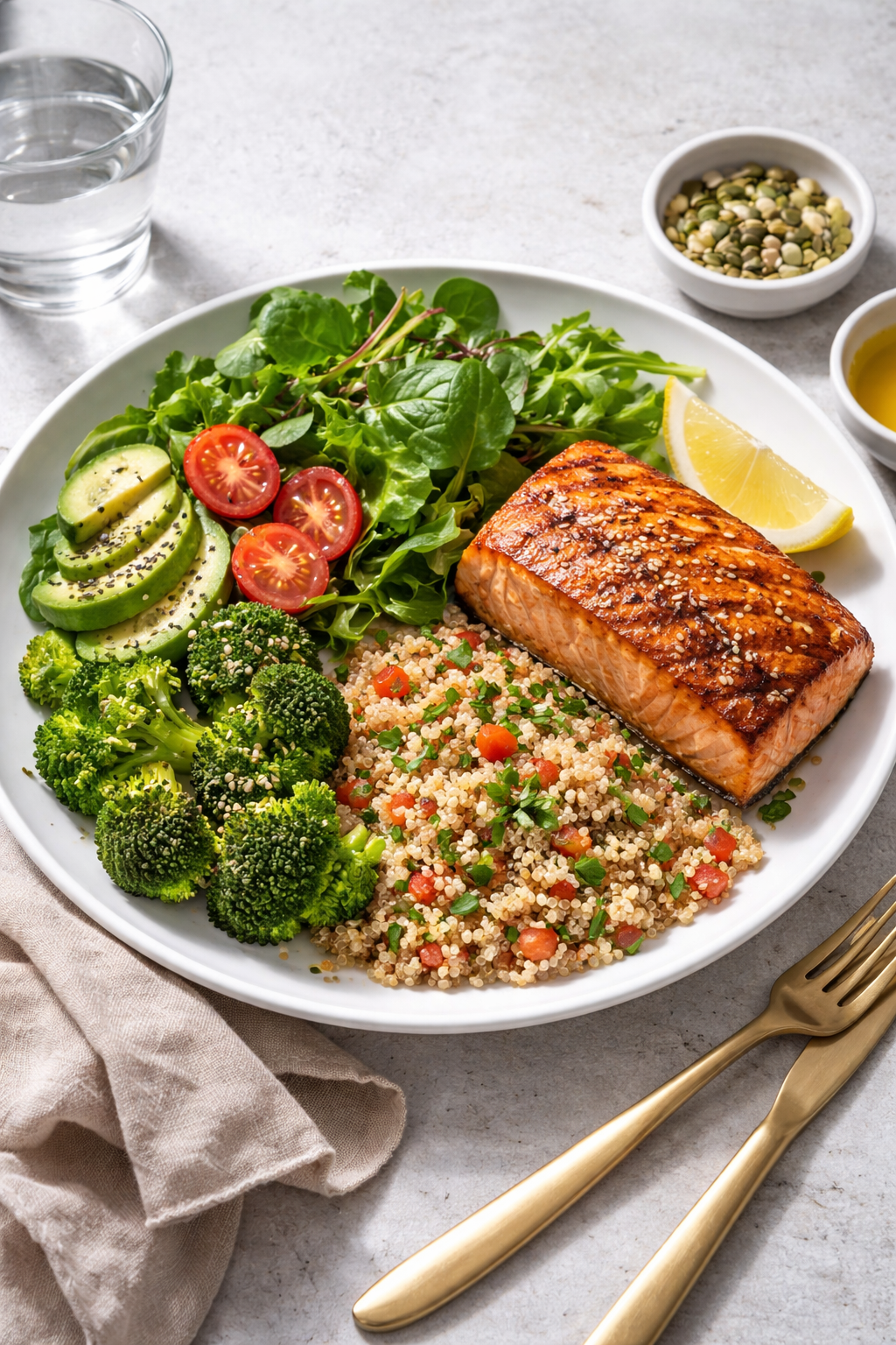 Low glycemic meal plate with salmon, leafy greens, and fiber-rich carbs designed to stabilize blood sugar and reduce cravings.