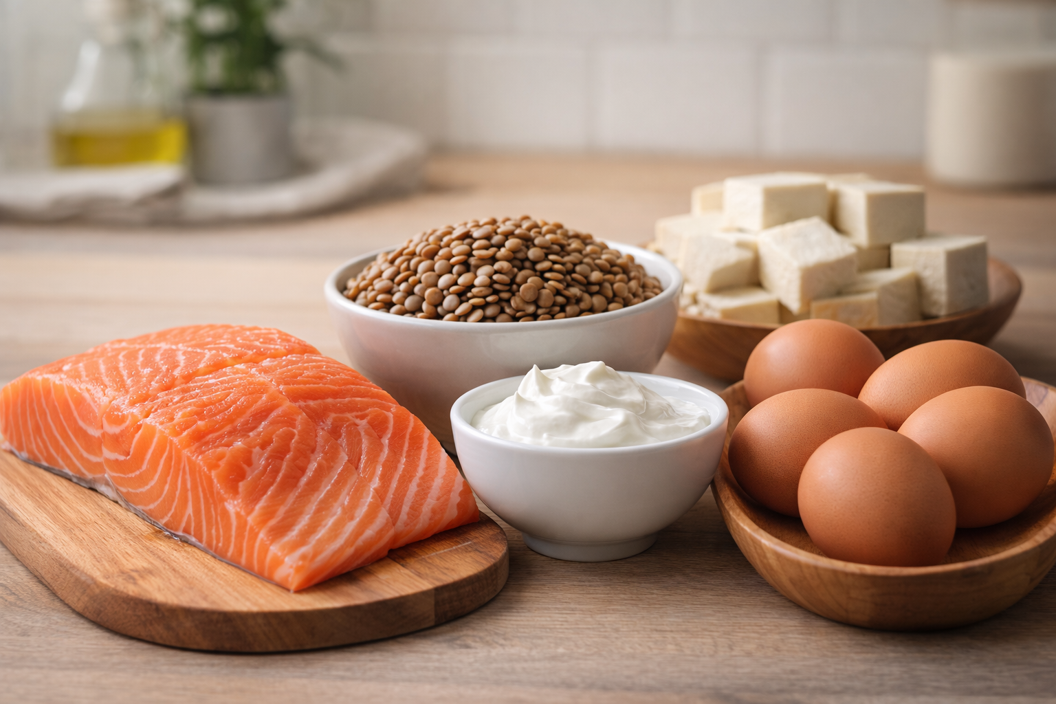 Protein foods for women including salmon, eggs, Greek yogurt, lentils, and tofu arranged on a kitchen counter for a healthy diet.