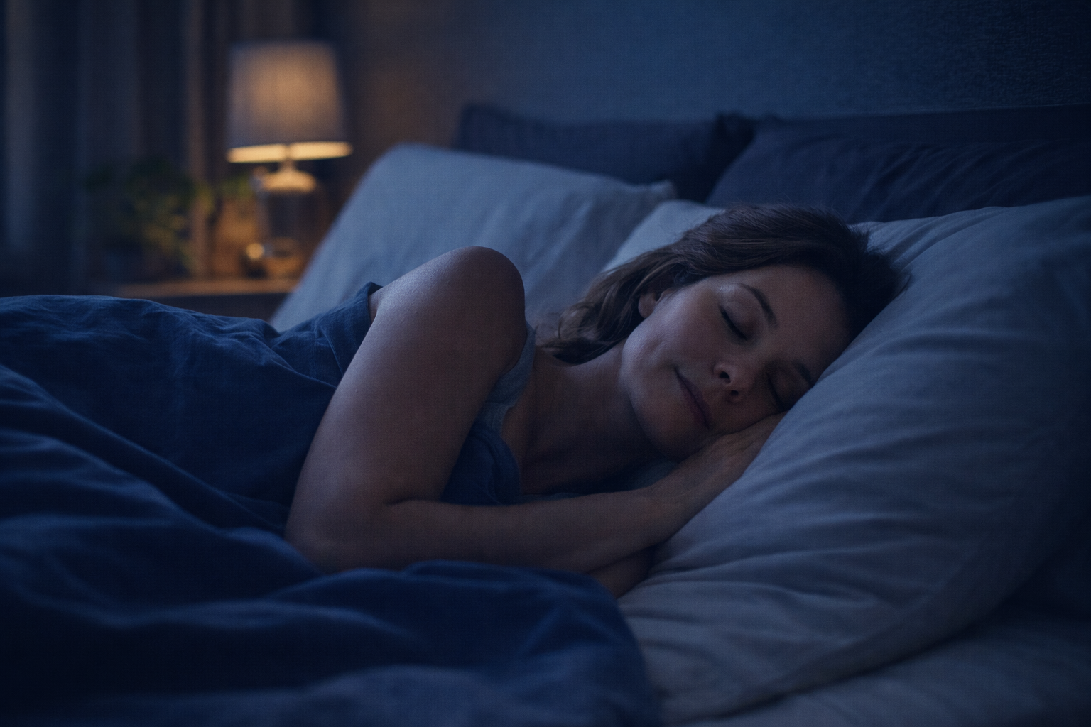 Woman over 35 sleeping peacefully in a dark bedroom illustrating the connection between quality sleep and healthy weight loss.