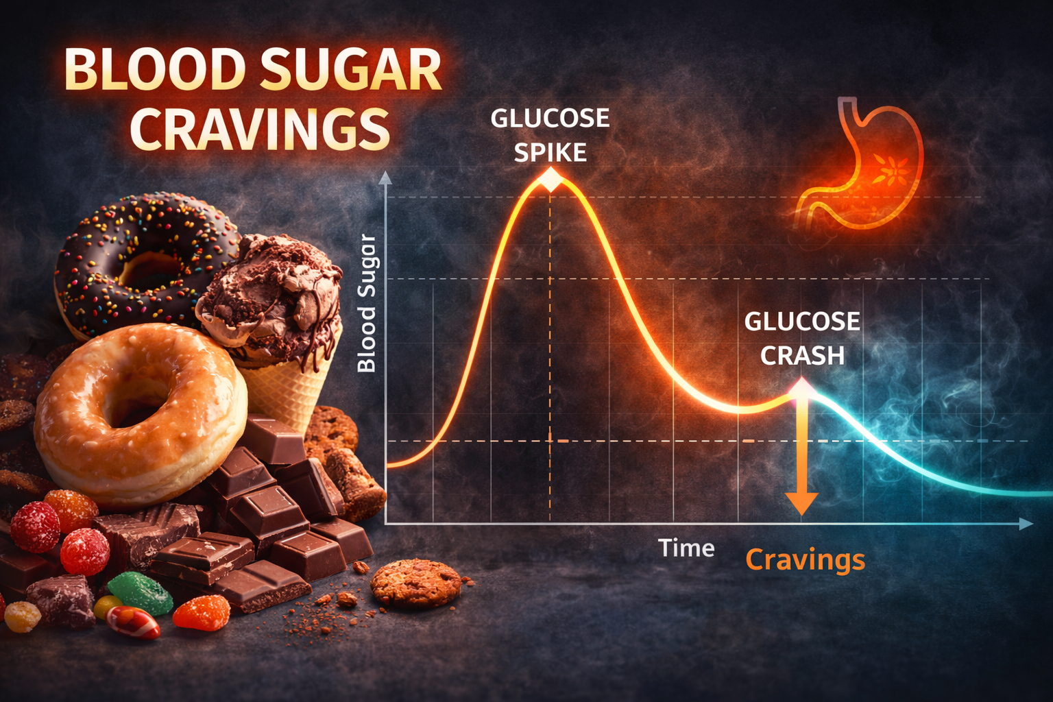 Blood sugar cravings concept showing sweets and a glucose spike curve illustrating why sugar cravings happen.