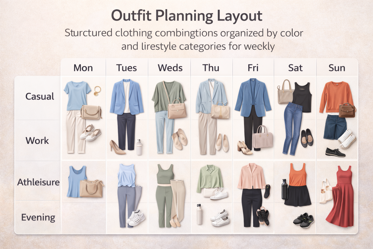 Outfit planning layout showing structured clothing combinations organized by color and lifestyle categories for weekly styling.