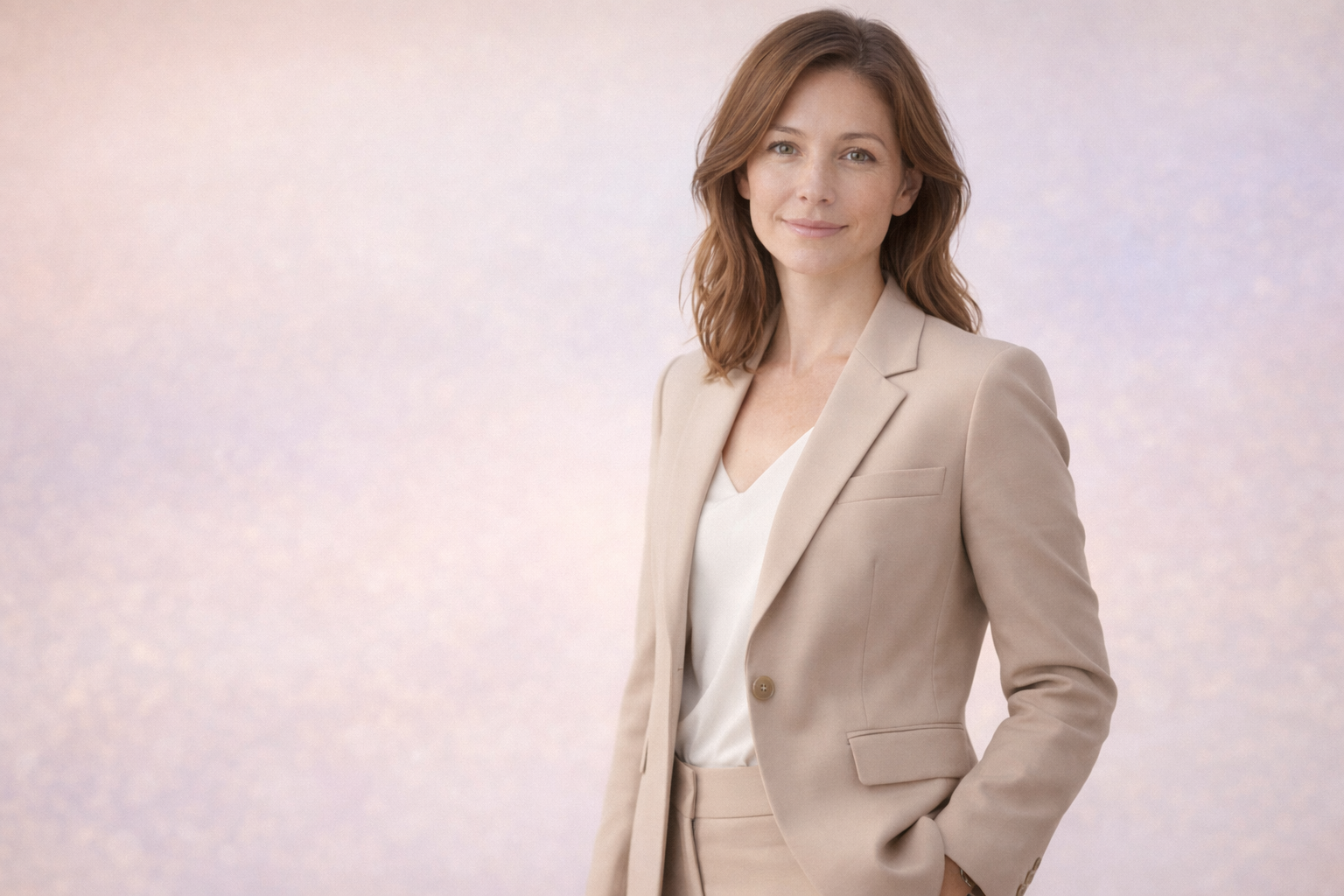 Elegant woman over 35 wearing a structured blazer and tailored trousers in neutral colors for a modern polished look.