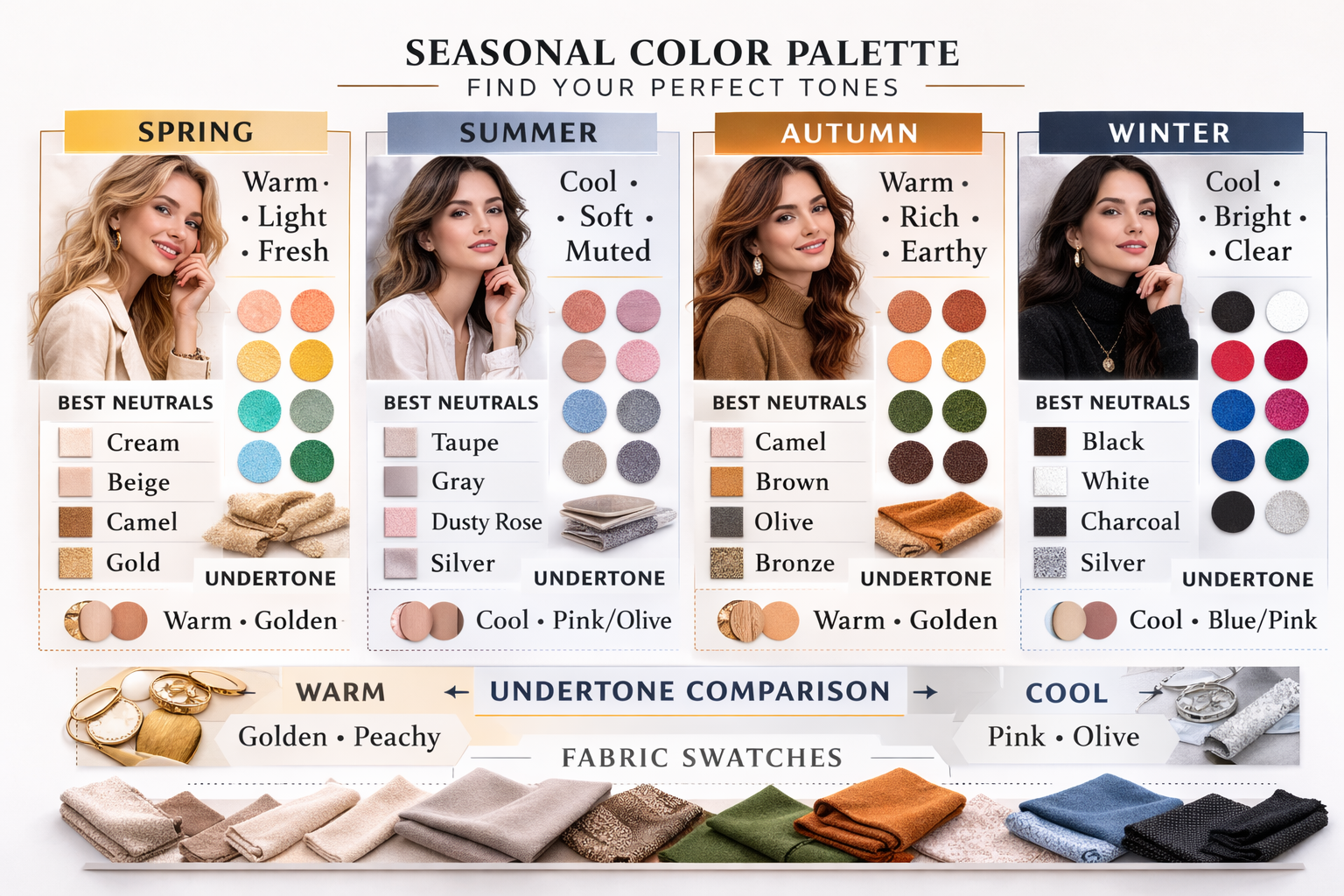 Seasonal color palette chart showing Spring, Summer, Autumn and Winter tones with fabric swatches and undertone comparison.