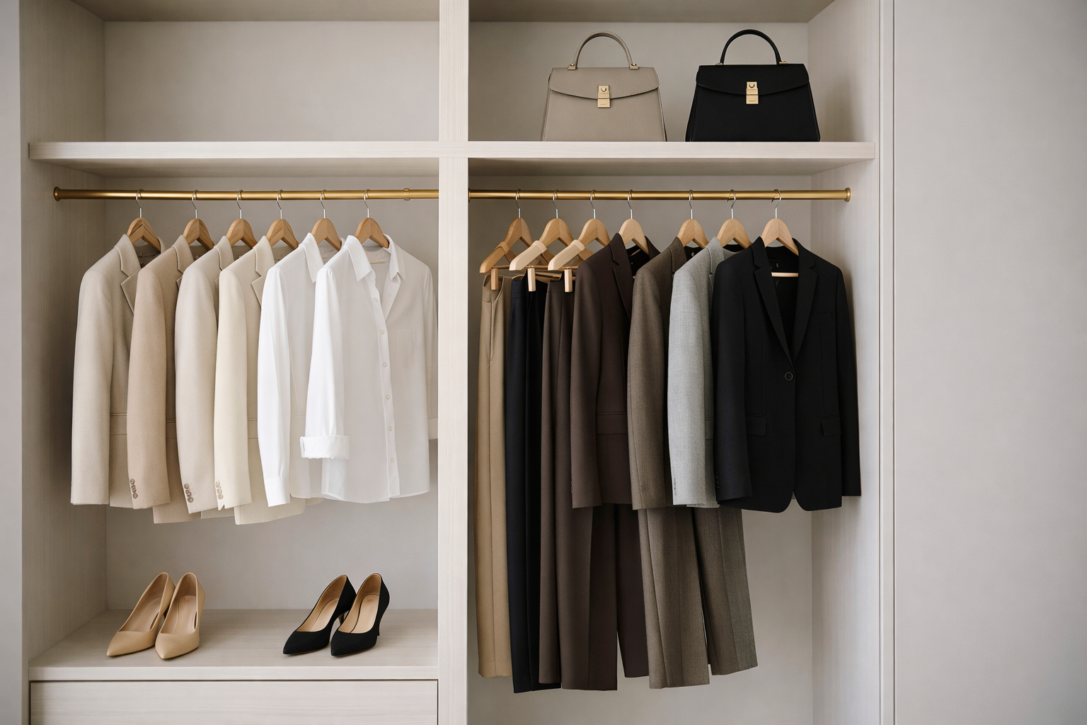 Elegant capsule wardrobe for women over 35 featuring neutral blazers, tailored trousers, classic white shirt, structured handbag and minimalist shoes arranged in a clean modern closet.