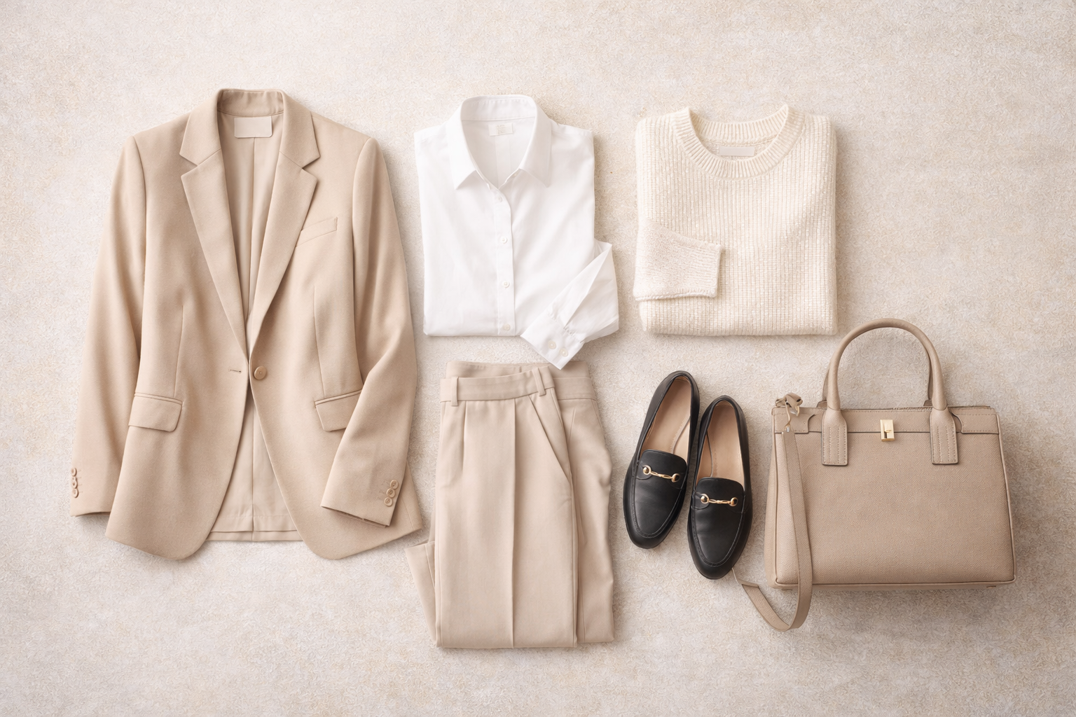 Elegant neutral capsule wardrobe laid out neatly with blazer, white shirt, tailored trousers, knit sweater, loafers, and structured handbag to illustrate how to look elegant everyday.