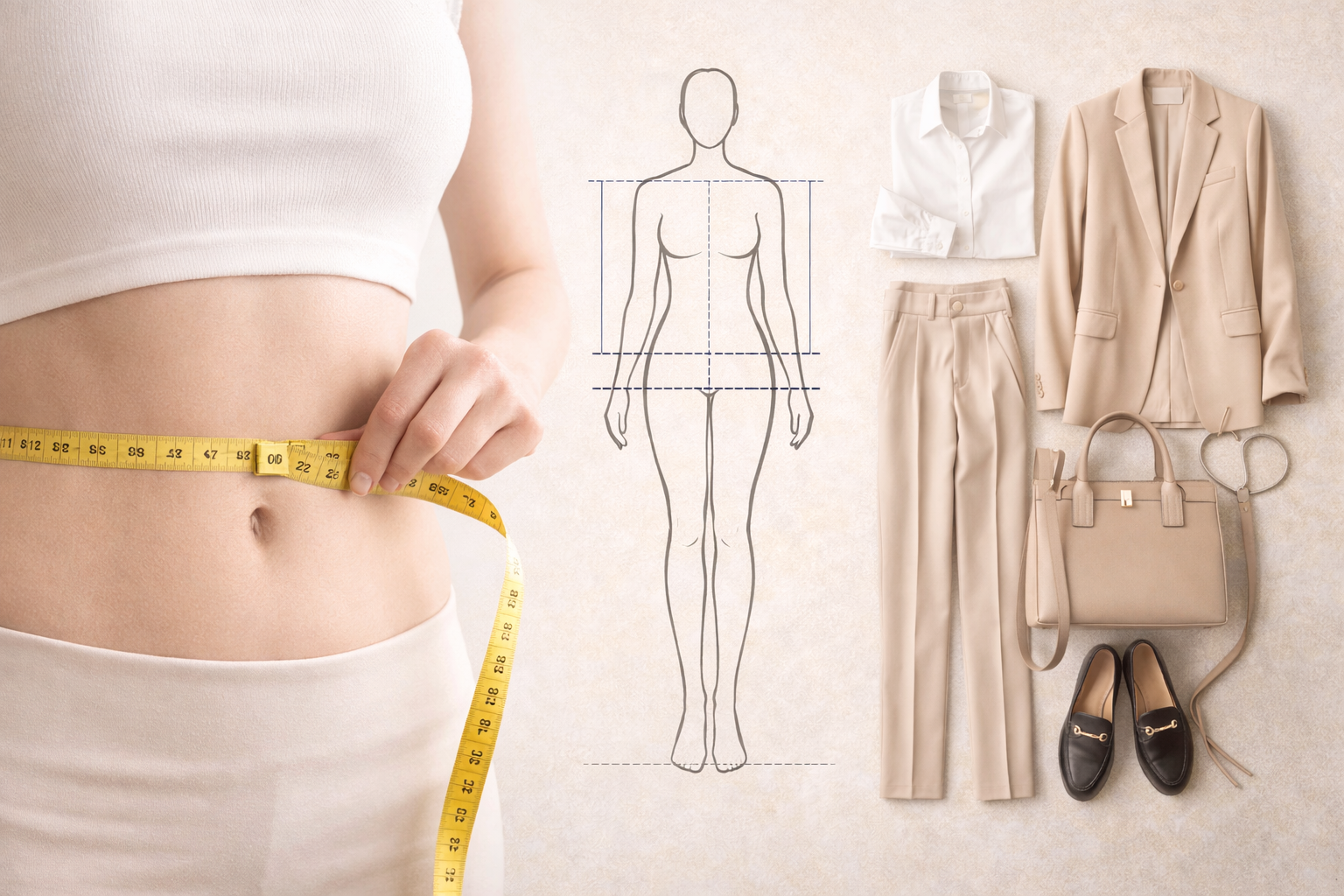 Body shape calculator women concept with measuring tape around waist, simple female silhouette sketch, and neutral wardrobe basics showing visual body analysis and proportion comparison