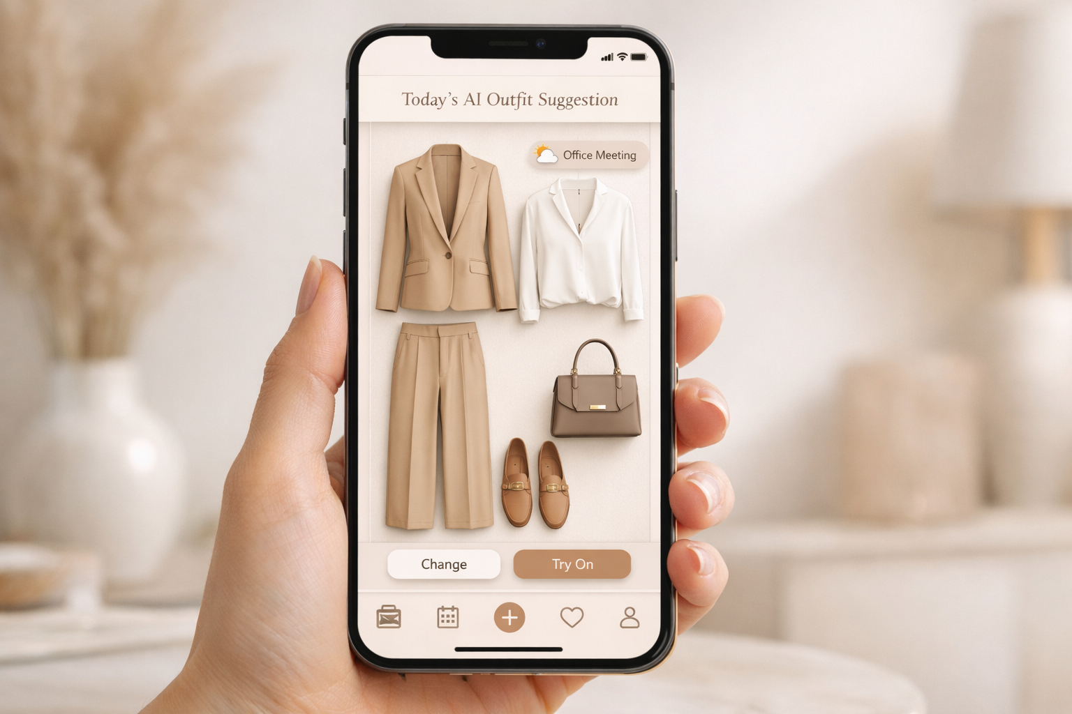 Smart Wardrobe: Style & Try On outfit planner app shown on a smartphone with AI daily outfit suggestions to reduce decision fatigue