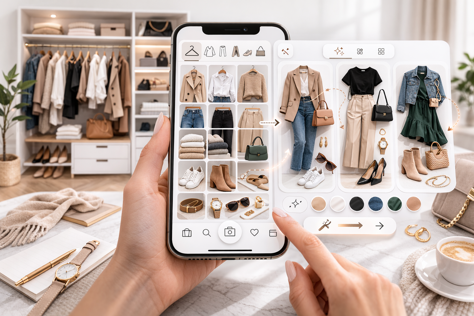 Smart Wardrobe app showing a digital closet and outfit planner, turning a full closet into wearable outfits